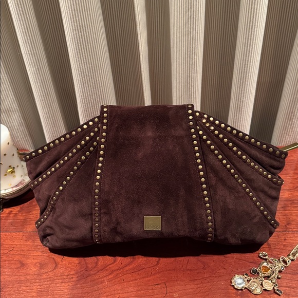 KOOBA DARK BROWN SUEDE CLUTCH WITH ANTIQUE GOLD RIVETS - Picture 2 of 10